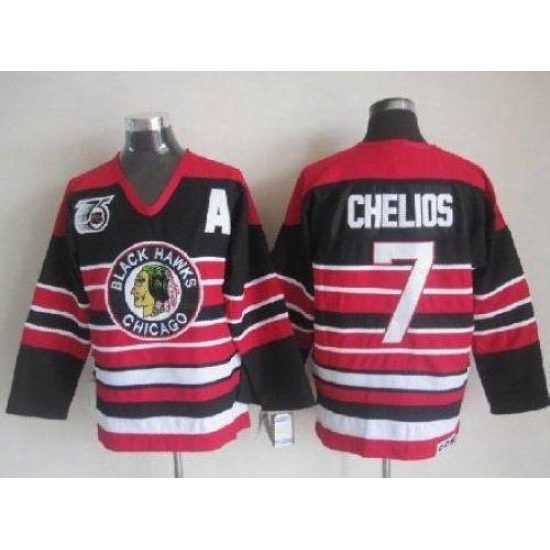 Blackhawks #7 Chris Chelios Red Black 75TH CCM Stitched NHL Jersey Blackhawks #7 Chris Chelios Red Black 75TH CCM Stitched NHL Jersey