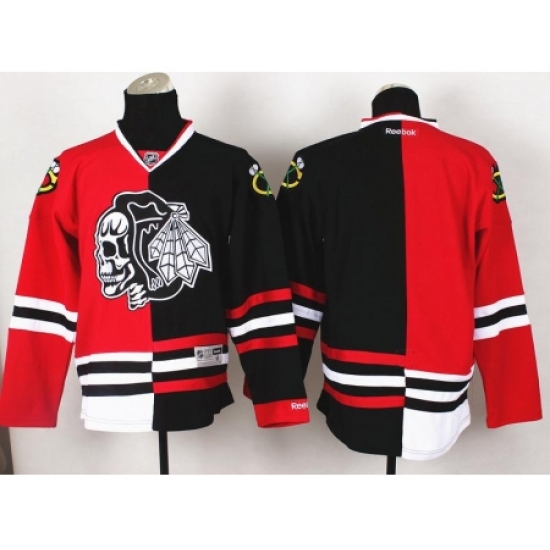 Chicago Blackhawks Blank White Skull Logo Fashion Black Red Split NHL Jerseys Chicago Blackhawks Blank White Skull Logo Fashion Black Red Split NHL Jerseys