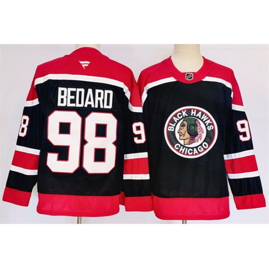 Men Chicago Blackhawks 98 Connor Bedard Black 2024 25 Stitched Hockey Jersey Men Chicago Blackhawks 98 Connor Bedard Black 2024 25 Stitched Hockey Jersey