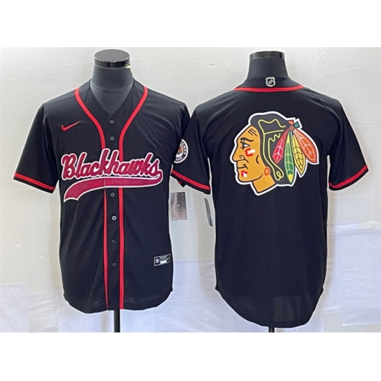 Men Chicago Blackhawks Black Team Big Logo Cool Base Stitched Baseball Jersey Men Chicago Blackhawks Black Team Big Logo Cool Base Stitched Baseball Jersey