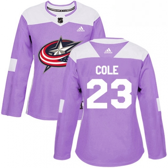 Womens Adidas Columbus Blue Jackets 23 Ian Cole Authentic Purple Fights Cancer Practice NHL Jersey Womens Adidas Columbus Blue Jackets 23 Ian Cole Authentic Purple Fights Cancer Practice NHL Jersey