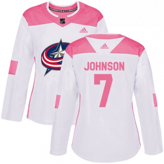 Womens Adidas Columbus Blue Jackets 7 Jack Johnson Authentic WhitePink Fashion NHL Jersey Womens Adidas Columbus Blue Jackets 7 Jack Johnson Authentic WhitePink Fashion NHL Jersey