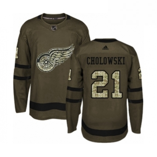 Mens Adidas Detroit Red Wings 21 Dennis Cholowski Authentic Green Salute to Service NHL Jersey 