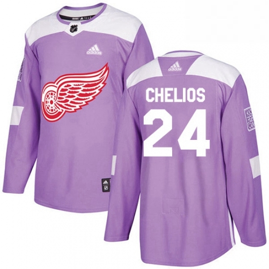 Mens Adidas Detroit Red Wings 24 Chris Chelios Authentic Purple Fights Cancer Practice NHL Jersey 
