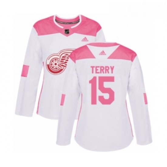 Womens Adidas Detroit Red Wings 15 Chris Terry Authentic White Pink Fashion NHL Jersey 