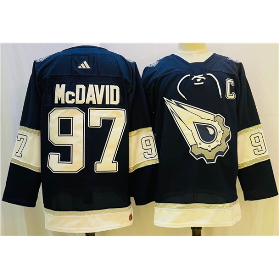 Men Edmonton Oilers 97 Connor McDavid Navy White Stitched Jersey Men Edmonton Oilers 97 Connor McDavid Navy White Stitched Jersey