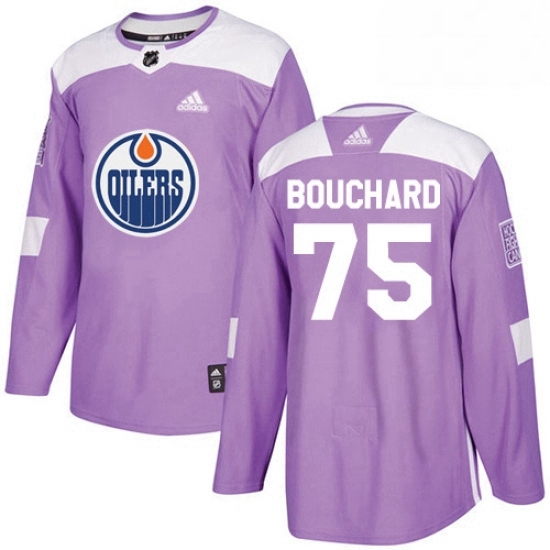 Mens Adidas Edmonton Oilers 75 Evan Bouchard Authentic Purple Fights Cancer Practice NHL Jersey 