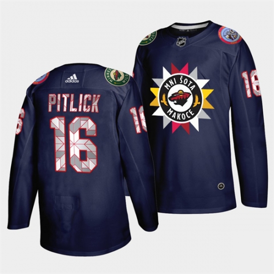 Men Minnesota Wild 16 Rem Pitlick 2021 22 Navy Native American Heritage Day Stitched Jersey Men Minnesota Wild 16 Rem Pitlick 2021 22 Navy Native American Heritage Day Stitched Jersey