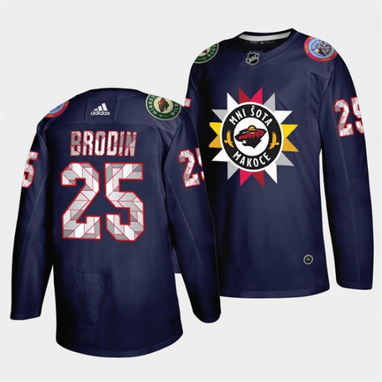 Men Minnesota Wild 25 Jonas Brodin 2021 22 Navy Native American Heritage Day Stitched Jersey Men Minnesota Wild 25 Jonas Brodin 2021 22 Navy Native American Heritage Day Stitched Jersey
