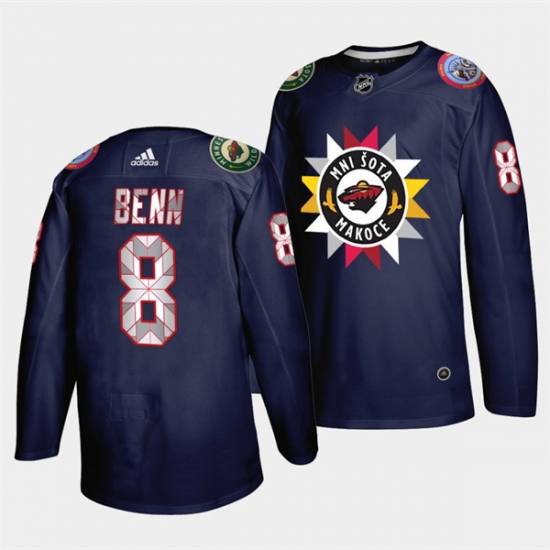 Men Minnesota Wild 8 Jordie Benn 2021 22 Navy Native American Heritage Day Stitched Jersey Men Minnesota Wild 8 Jordie Benn 2021 22 Navy Native American Heritage Day Stitched Jersey