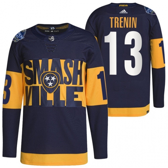 Men Nashville Predators 13 Yakov Trenin 2022 Navy Stadium Series Breakaway Player Stitched Jersey Men Nashville Predators 13 Yakov Trenin 2022 Navy Stadium Series Breakaway Player Stitched Jersey