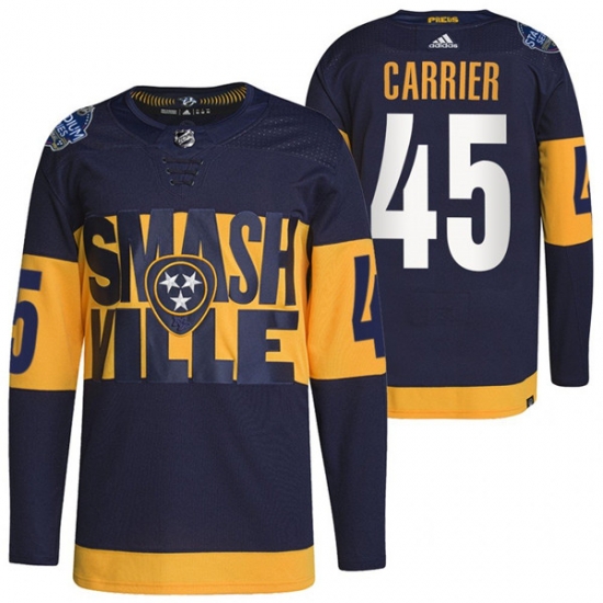 Men Nashville Predators 45 Alexandre Carrier 2022 Navy Stadium Series Breakaway Player Stitched Jersey Men Nashville Predators 45 Alexandre Carrier 2022 Navy Stadium Series Breakaway Player Stitched Jersey