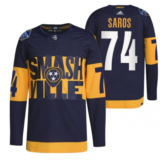 Men Nashville Predators 74 Juuse Saros 2022 Navy Stadium Series Breakaway Player Stitched Jersey Men Nashville Predators 74 Juuse Saros 2022 Navy Stadium Series Breakaway Player Stitched Jersey