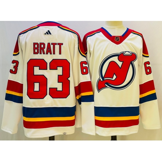 Men New Jersey Devils 63 Jesper Bratt White 2022 23 Reverse Retro Stitched Jersey Men New Jersey Devils 63 Jesper Bratt White 2022 23 Reverse Retro Stitched Jersey