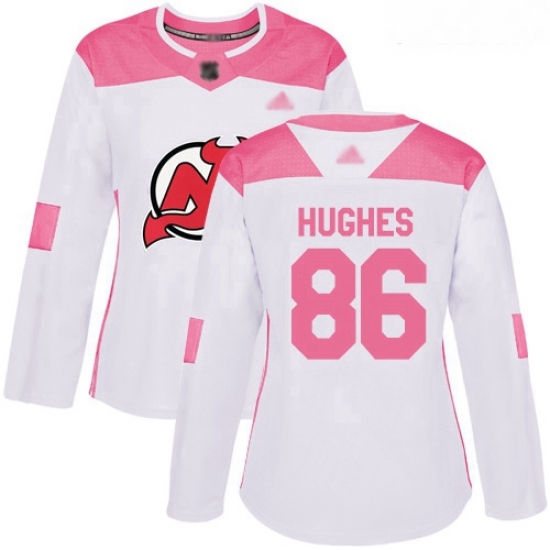 Devils #86 Jack Hughes White Pink Authentic Fashion Women Stitched Hockey Jersey Devils #86 Jack Hughes White Pink Authentic Fashion Women Stitched Hockey Jersey