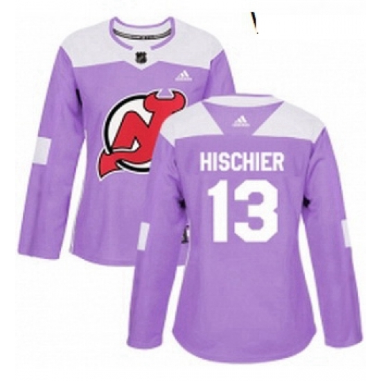 Womens Adidas New Jersey Devils 13 Nico Hischier Authentic Purple Fights Cancer Practice NHL Jersey Womens Adidas New Jersey Devils 13 Nico Hischier Authentic Purple Fights Cancer Practice NHL Jersey