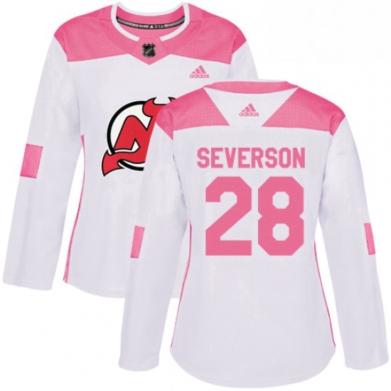 Womens Adidas New Jersey Devils 28 Damon Severson Authentic WhitePink Fashion NHL Jersey Womens Adidas New Jersey Devils 28 Damon Severson Authentic WhitePink Fashion NHL Jersey