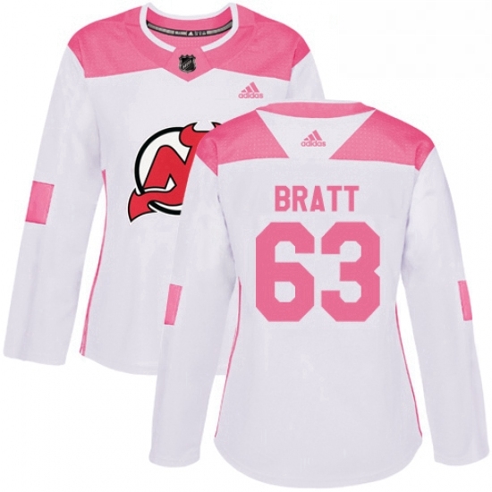 Womens Adidas New Jersey Devils 63 Jesper Bratt Authentic WhitePink Fashion NHL Jersey Womens Adidas New Jersey Devils 63 Jesper Bratt Authentic WhitePink Fashion NHL Jersey