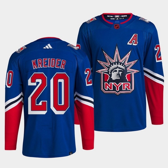 Men New York Rangers 20 Chris Kreider Blue 2022 Reverse Retro Stitched Jersey Men New York Rangers 20 Chris Kreider Blue 2022 Reverse Retro Stitched Jersey