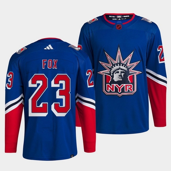Men New York Rangers 23 Adam Fox Blue 2022 Reverse Retro Stitched Jersey Men New York Rangers 23 Adam Fox Blue 2022 Reverse Retro Stitched Jersey
