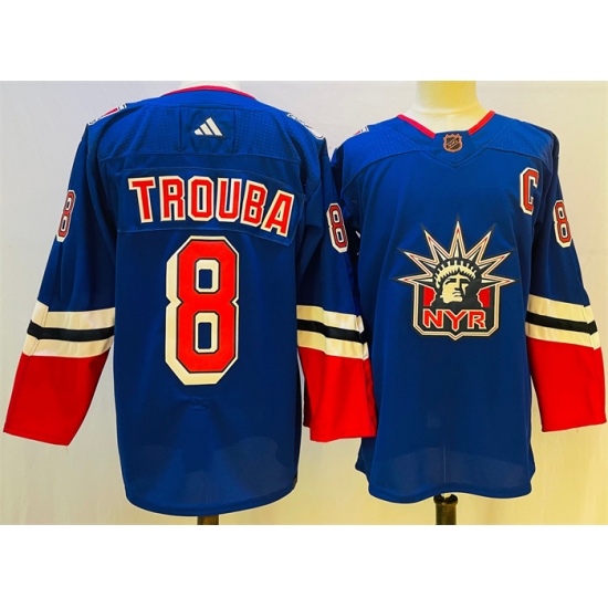 Men New York Rangers 8 Jacob Trouba Blue 2022 23 Reverse Retro Stitched Jersey Men New York Rangers 8 Jacob Trouba Blue 2022 23 Reverse Retro Stitched Jersey