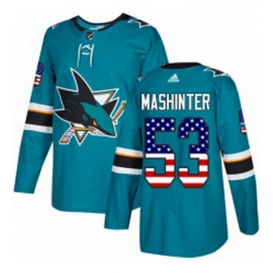 Mens Adidas San Jose Sharks 53 Brandon Mashinter Authentic Teal Green USA Flag Fashion NHL Jersey Mens Adidas San Jose Sharks 53 Brandon Mashinter Authentic Teal Green USA Flag Fashion NHL Jersey