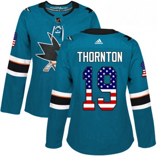 Womens Adidas San Jose Sharks 19 Joe Thornton Authentic Teal Green USA Flag Fashion NHL Jersey Womens Adidas San Jose Sharks 19 Joe Thornton Authentic Teal Green USA Flag Fashion NHL Jersey