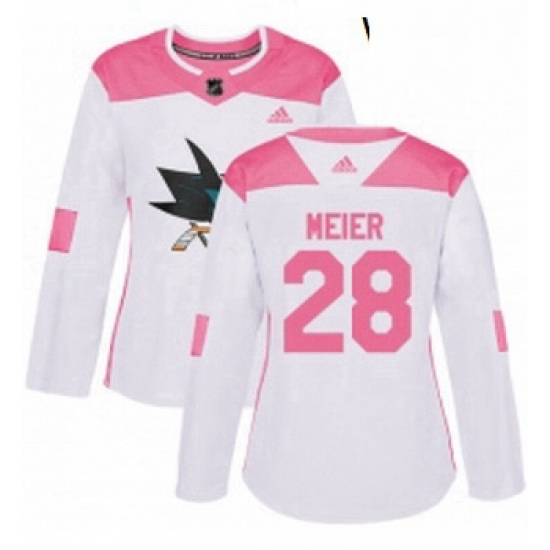 Womens Adidas San Jose Sharks 28 Timo Meier Authentic WhitePink Fashion NHL Jersey Womens Adidas San Jose Sharks 28 Timo Meier Authentic WhitePink Fashion NHL Jersey