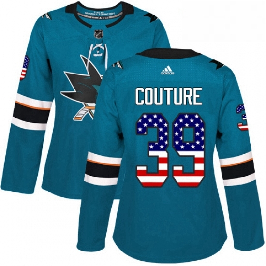 Womens Adidas San Jose Sharks 39 Logan Couture Authentic Teal Green USA Flag Fashion NHL Jersey Womens Adidas San Jose Sharks 39 Logan Couture Authentic Teal Green USA Flag Fashion NHL Jersey