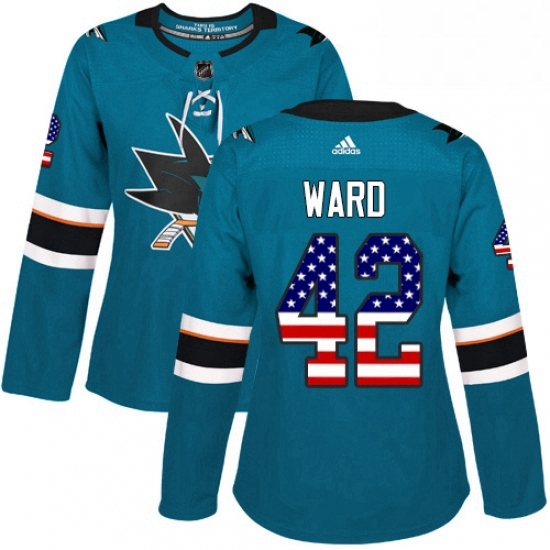 Womens Adidas San Jose Sharks 42 Joel Ward Authentic Teal Green USA Flag Fashion NHL Jersey Womens Adidas San Jose Sharks 42 Joel Ward Authentic Teal Green USA Flag Fashion NHL Jersey