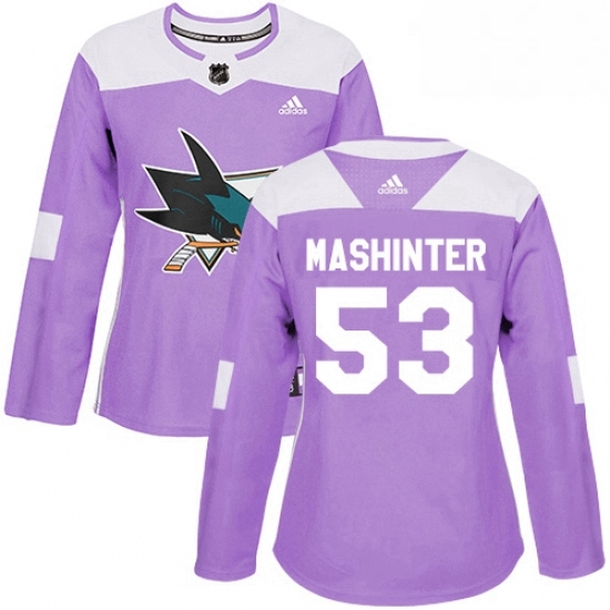 Womens Adidas San Jose Sharks 53 Brandon Mashinter Authentic Purple Fights Cancer Practice NHL Jersey Womens Adidas San Jose Sharks 53 Brandon Mashinter Authentic Purple Fights Cancer Practice NHL Jersey