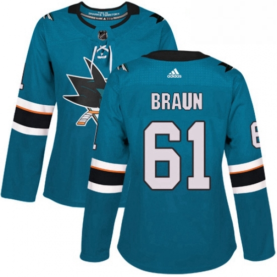 Womens Adidas San Jose Sharks 61 Justin Braun Premier Teal Green Home NHL Jersey Womens Adidas San Jose Sharks 61 Justin Braun Premier Teal Green Home NHL Jersey