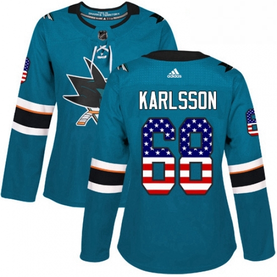 Womens Adidas San Jose Sharks 68 Melker Karlsson Authentic Teal Green USA Flag Fashion NHL Jersey Womens Adidas San Jose Sharks 68 Melker Karlsson Authentic Teal Green USA Flag Fashion NHL Jersey