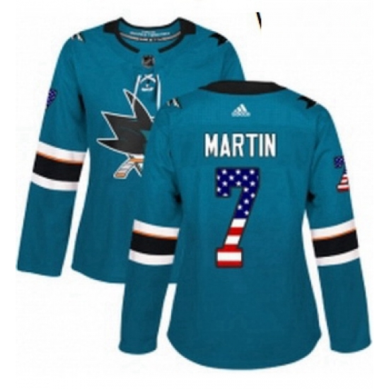 Womens Adidas San Jose Sharks 7 Paul Martin Authentic Teal Green USA Flag Fashion NHL Jersey Womens Adidas San Jose Sharks 7 Paul Martin Authentic Teal Green USA Flag Fashion NHL Jersey