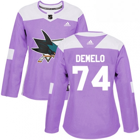 Womens Adidas San Jose Sharks 74 Dylan DeMelo Authentic Purple Fights Cancer Practice NHL Jersey Womens Adidas San Jose Sharks 74 Dylan DeMelo Authentic Purple Fights Cancer Practice NHL Jersey