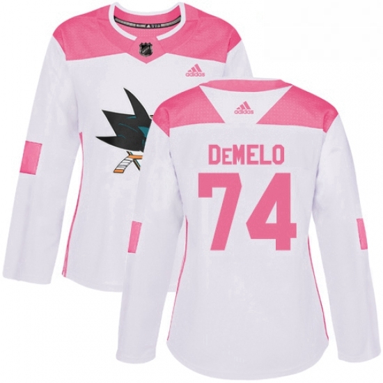 Womens Adidas San Jose Sharks 74 Dylan DeMelo Authentic WhitePink Fashion NHL Jersey Womens Adidas San Jose Sharks 74 Dylan DeMelo Authentic WhitePink Fashion NHL Jersey