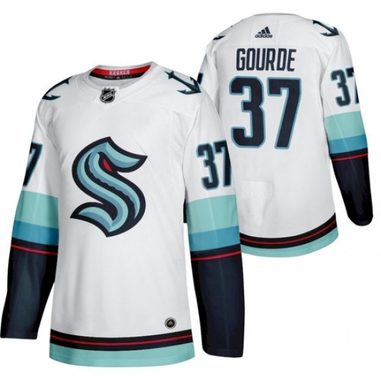 Men Seattle 37 Kraken Yanni Gourde 2022 Away White Jersey Men Seattle 37 Kraken Yanni Gourde 2022 Away White Jersey