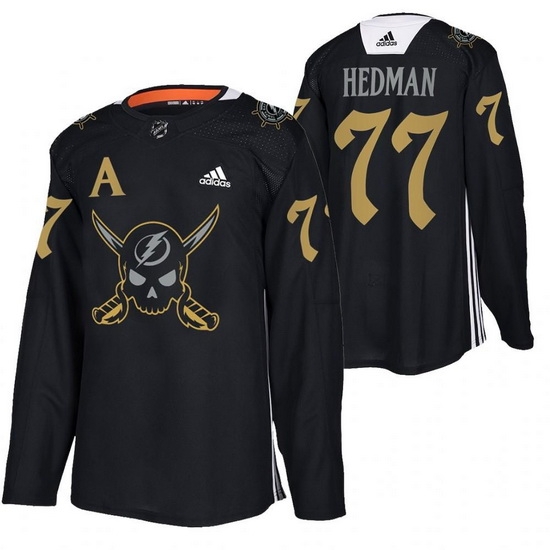 Men Tampa Bay Lightning 77 Victor Hedman Black Gasparilla Inspired Pirate Themed Warmup Stitched jersey Men Tampa Bay Lightning 77 Victor Hedman Black Gasparilla Inspired Pirate Themed Warmup Stitched jersey