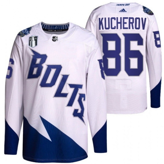 Men Tampa Bay Lightning 86 Nikita Kucherov 2022 White Stanley Cup Final Patch Stitched Jersey Men Tampa Bay Lightning 86 Nikita Kucherov 2022 White Stanley Cup Final Patch Stitched Jersey