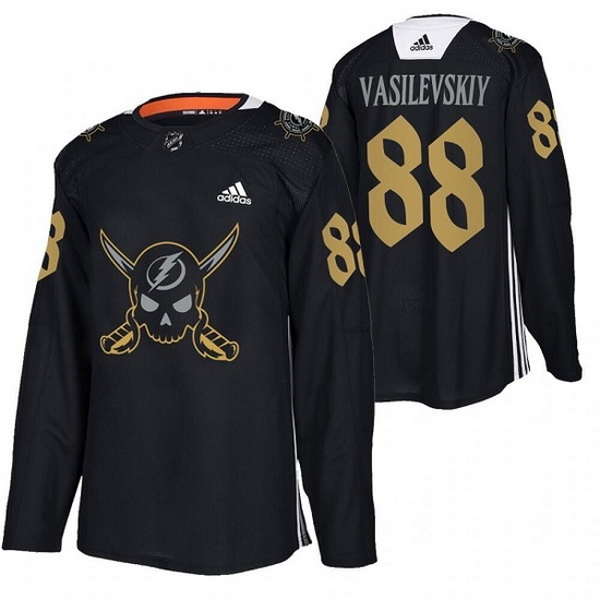 Men Tampa Bay Lightning 88 Andrei Vasilevskiy Black Gasparilla Inspired Pirate Themed Warmup Stitched jersey Men Tampa Bay Lightning 88 Andrei Vasilevskiy Black Gasparilla Inspired Pirate Themed Warmup Stitched jersey