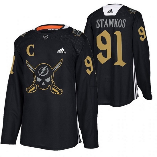 Men Tampa Bay Lightning 91 Steven Stamkos Black Gasparilla Inspired Pirate Themed Warmup Stitched jersey Men Tampa Bay Lightning 91 Steven Stamkos Black Gasparilla Inspired Pirate Themed Warmup Stitched jersey