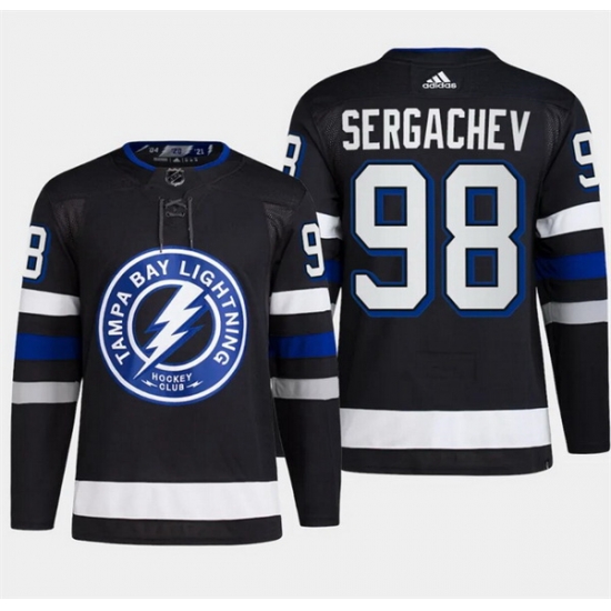 Men Tampa Bay Lightning 98 Mikhail Sergachev Black Alternate Premier Breakaway Stitched Jersey Men Tampa Bay Lightning 98 Mikhail Sergachev Black Alternate Premier Breakaway Stitched Jersey