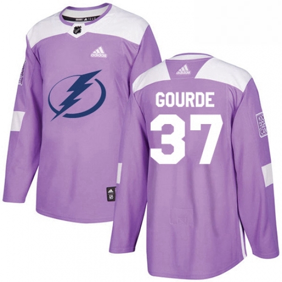 Mens Adidas Tampa Bay Lightning 37 Yanni Gourde Authentic Purple Fights Cancer Practice NHL Jersey 