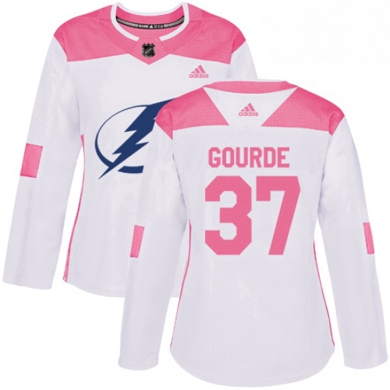 Womens Adidas Tampa Bay Lightning 37 Yanni Gourde Authentic WhitePink Fashion NHL Jersey Womens Adidas Tampa Bay Lightning 37 Yanni Gourde Authentic WhitePink Fashion NHL Jersey