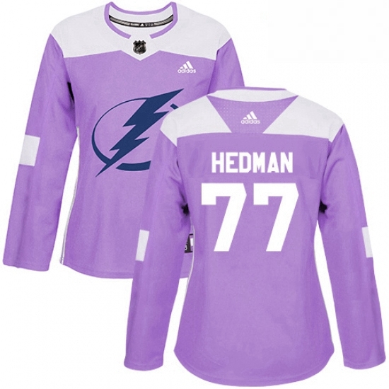 Womens Adidas Tampa Bay Lightning 77 Victor Hedman Authentic Purple Fights Cancer Practice NHL Jersey 