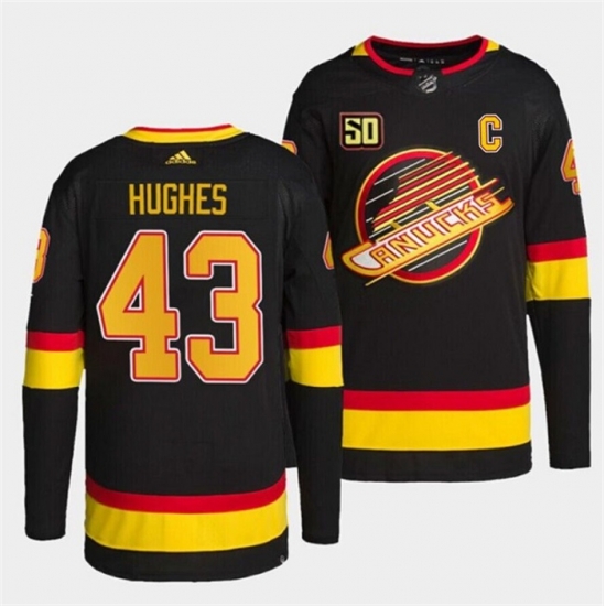 Men Vancouver Canucks 43 Quinn Hughes Black Retro With 50th Anniversary Patch Stitched Jersey Men Vancouver Canucks 43 Quinn Hughes Black Retro With 50th Anniversary Patch Stitched Jersey