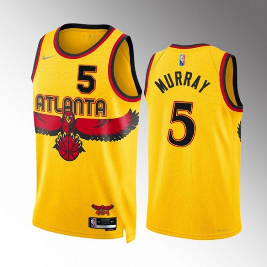 Men Atlanta Hawks 5 Dejounte Murray Yellow City Edition Stitched Jersey Men Atlanta Hawks 5 Dejounte Murray Yellow City Edition Stitched Jersey