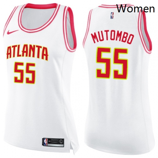 Womens Nike Atlanta Hawks 55 Dikembe Mutombo Swingman WhitePink Fashion NBA Jersey Womens Nike Atlanta Hawks 55 Dikembe Mutombo Swingman WhitePink Fashion NBA Jersey