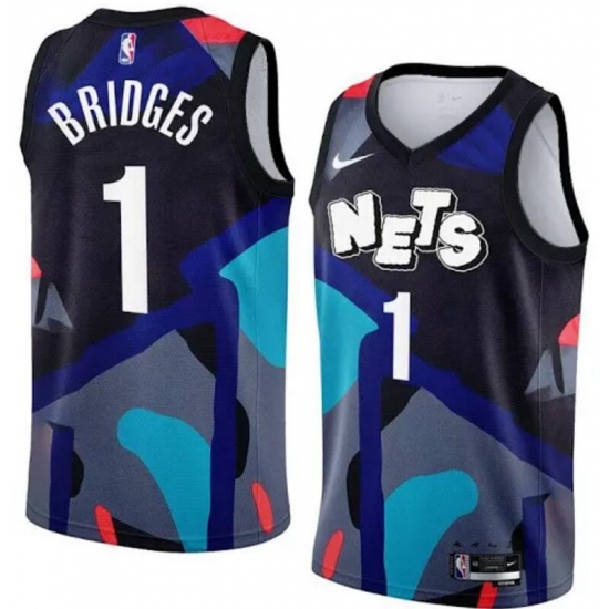 Men Brooklyn Nets 1 Mikal Bridges Black Blue Stitched Basketball Jersey Men Brooklyn Nets 1 Mikal Bridges Black Blue Stitched Basketball Jersey