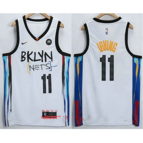 Men Brooklyn Nets 11 Kyrie Irving NEW White 2021 City Edition Swingman Stitched NBA Jersey With The NEW Sponsor Logo Men Brooklyn Nets 11 Kyrie Irving NEW White 2021 City Edition Swingman Stitched NBA Jersey With The NEW Sponsor Logo